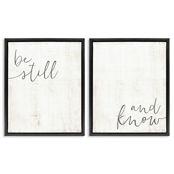 Stupell Industries Be Still & Know Spiritual Calligraphy Inspirational Painting Black Floater Framed Canvas Art Print Wall Art, 17 x 21, Set of 2