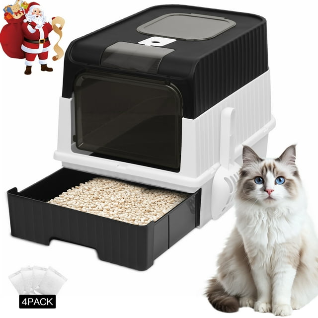 PHANCIR Caja de Arena para Gatos Cerrada, Plegable y Ligera con Cuchara para Arena, Fácil de Limpiar, Negra