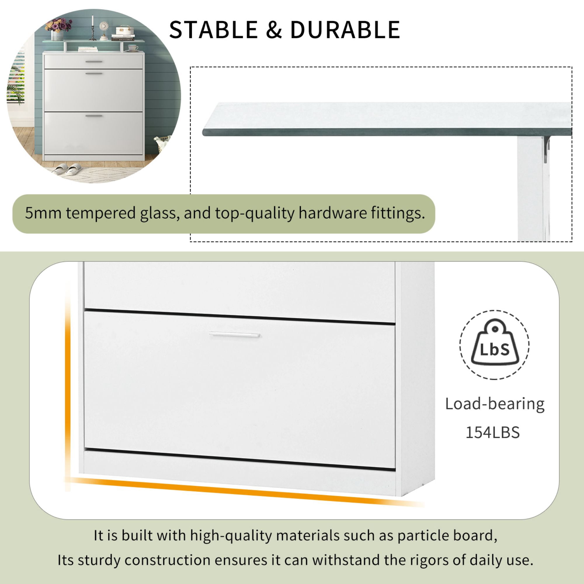 DEALTOPS Modern Freestanding Shoe Cabinet with 2 Flip Drawers and Tempered Glass Top with LED Light, Stylish Shoe Rack with Large Storage Capacity for Entryway - White