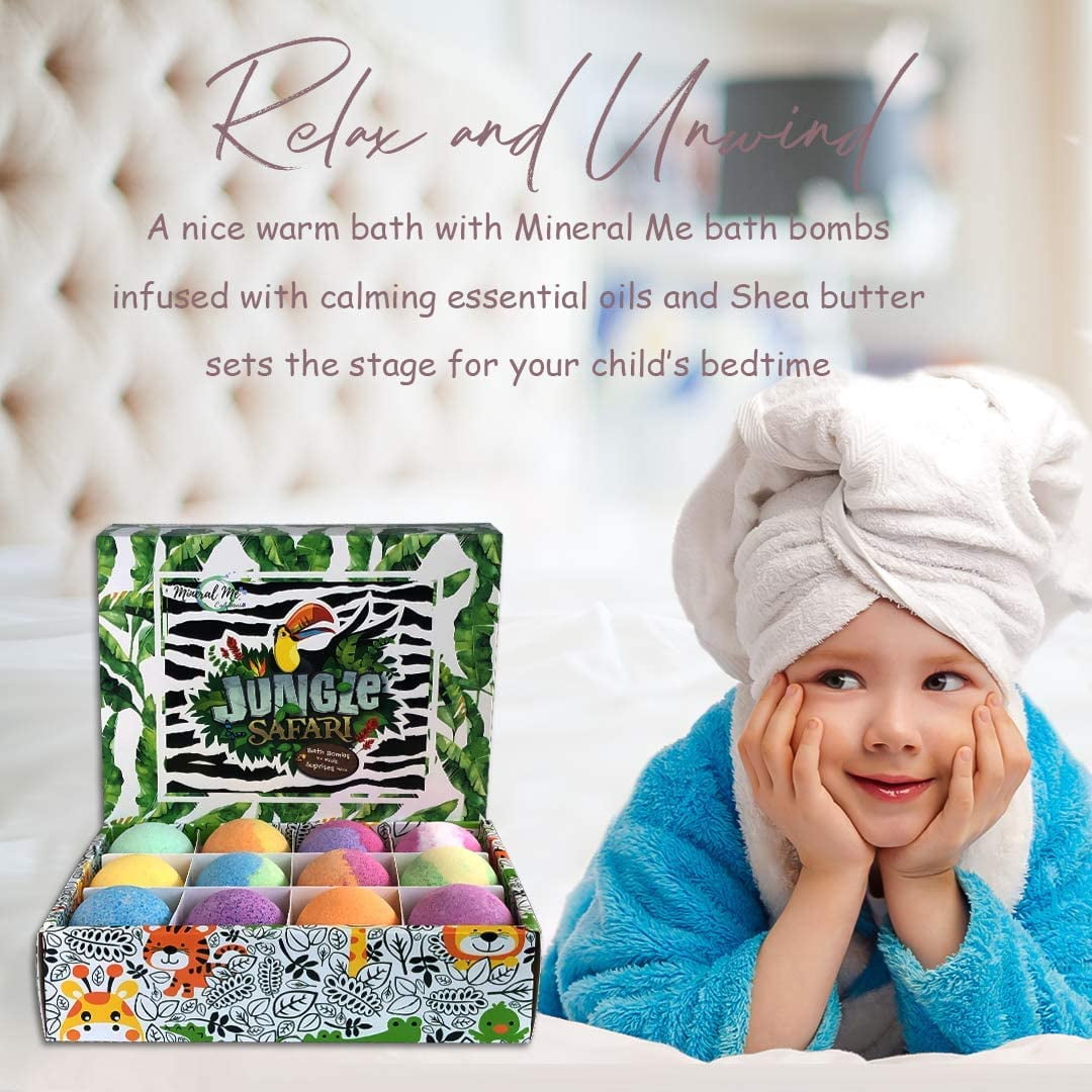 Jungle Safari Bath Bombs for Kids with Toys Inside by Mineral Me California w/ Mild Fruity Scent