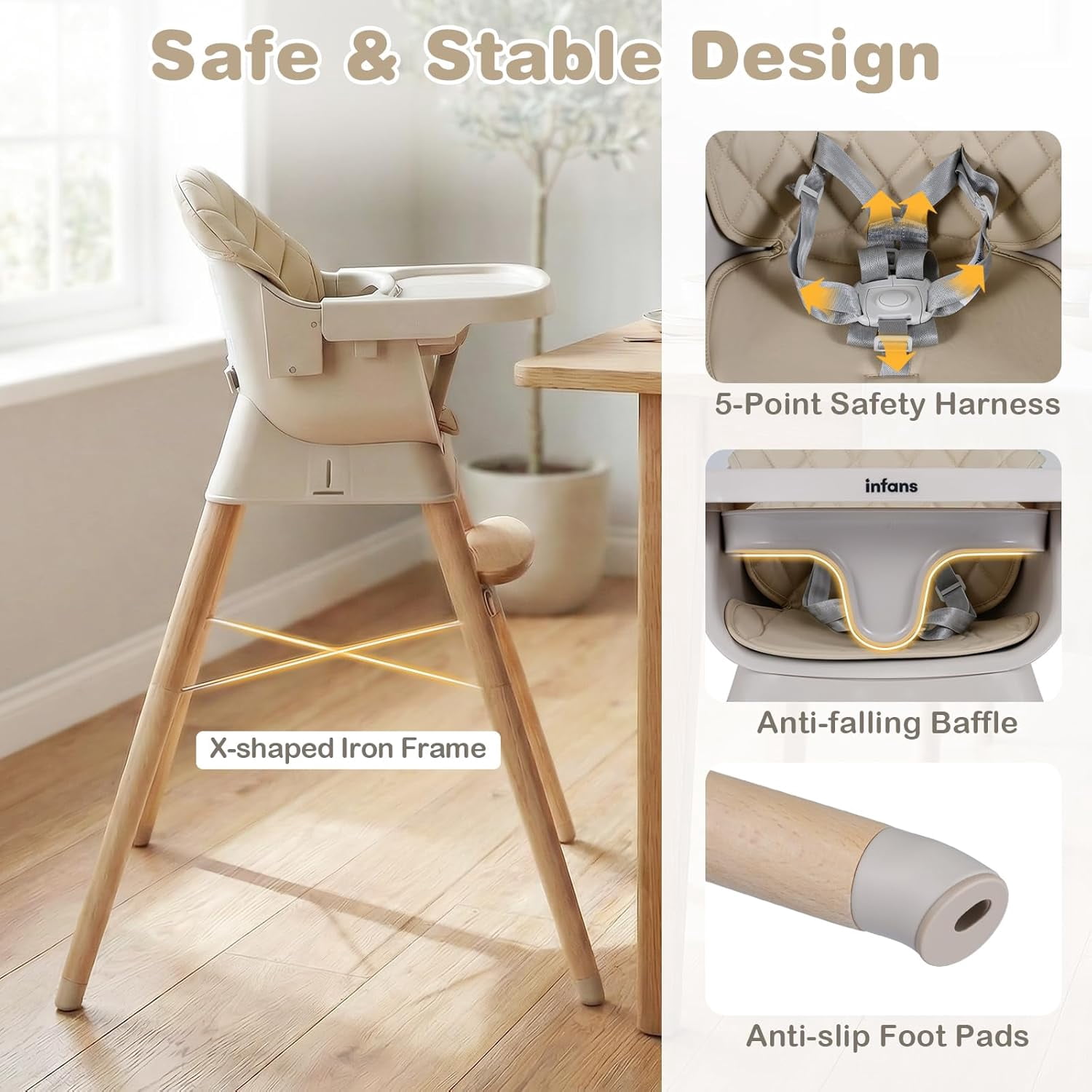 INFANS Baby High Chair, 6 in 1 Wooden Convertible Highchair for Babies and Toddlers, Infant Dining Booster Seat Kids Stool with Adjustable Removable Tray