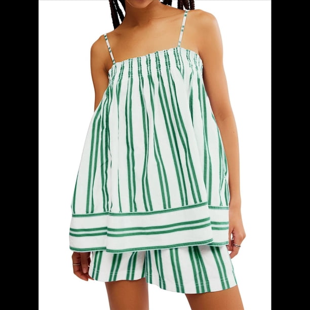 Conjunto de 2 Piezas de Pijama para Mujer, con Top Corto Sin Mangas con Dobladillo Fluido y Rayas Y2K + Pantalones Cortos de Cintura Alta. Verde XL