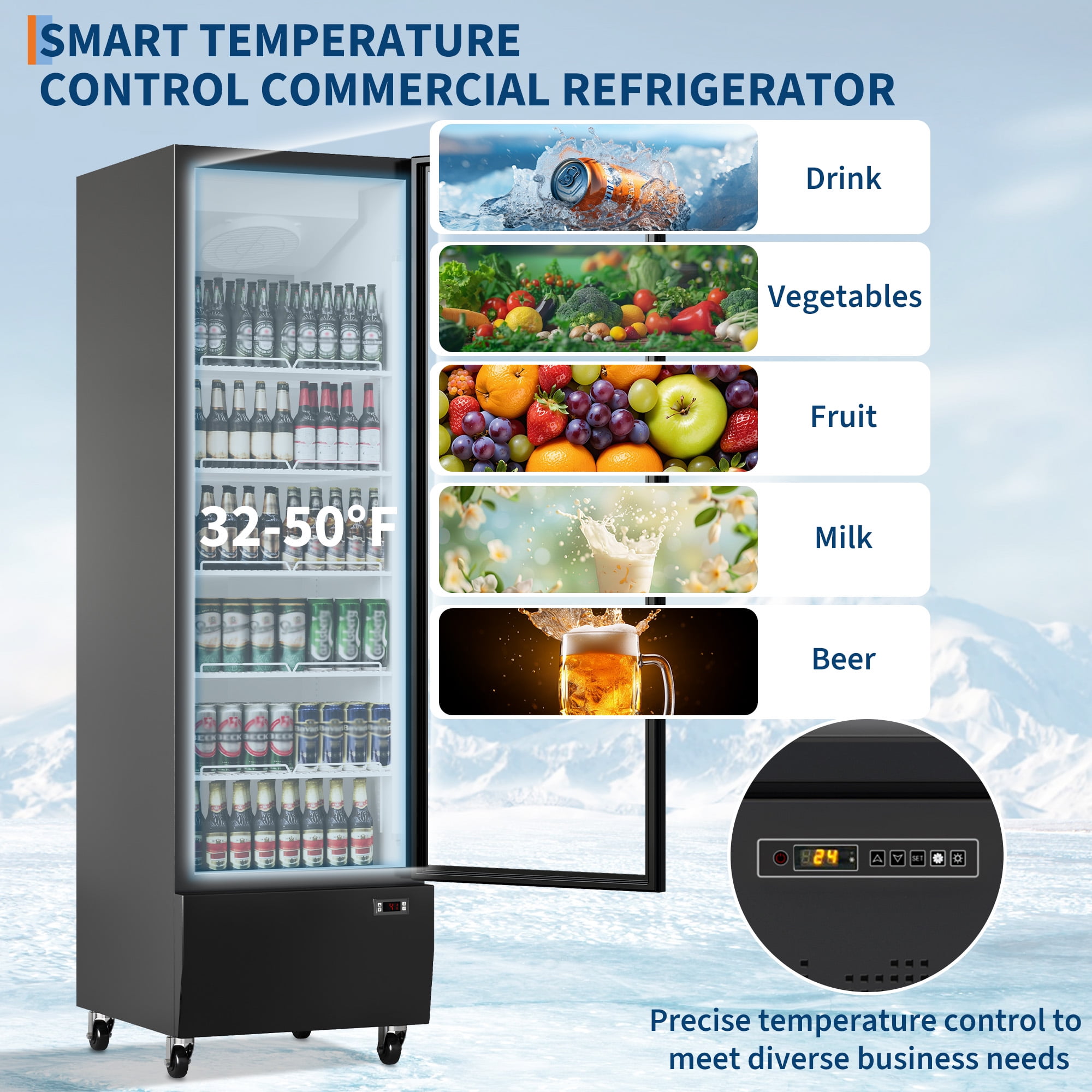 35.3 Cu. Ft Black Commercial Beverage Merchandiser Cooler – Upright Refrigerator with Glass Door & Adjustable Shelves, Ideal for Stores, Restaurants, Bars & Supermarkets