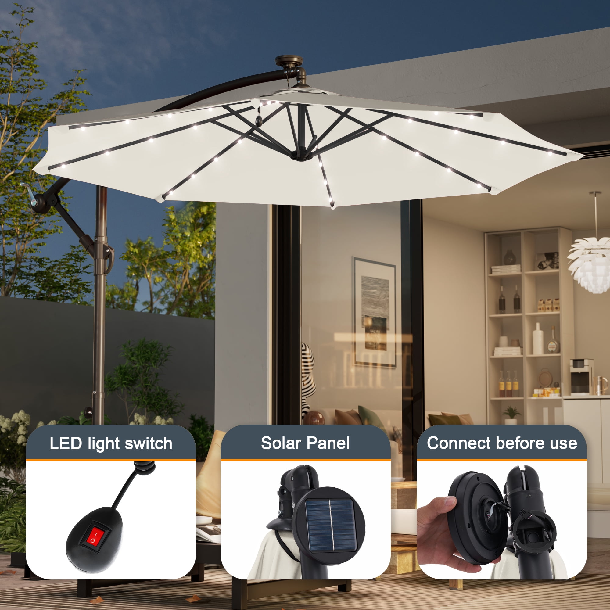 ACEGOSES 10ft 32 LED Outdoor Patio offset Umbrella, Solar Lighted Hanging Umbrella with 8 Ribs for Desk,Garden,Yard, Beige