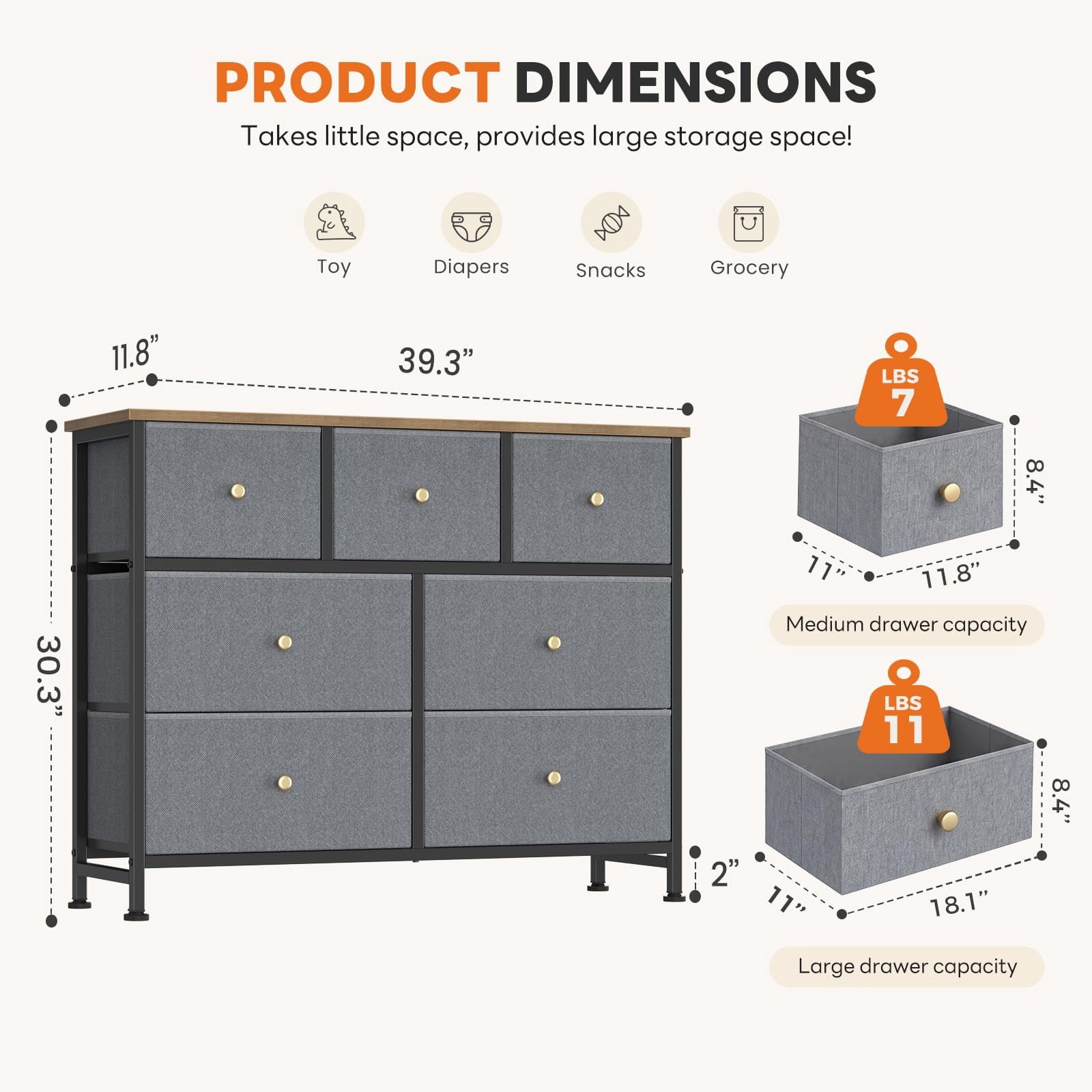 Telyra 7-Drawer Fabric Dresser TV Stand Organizer with Wood Top and Metal Frame Wide Storage Chest, Greyish Blue