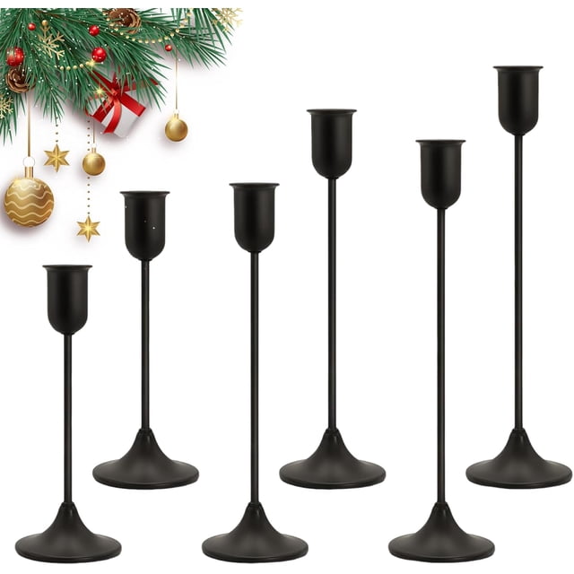 Juego de 6 Candeleros para Velas, Portavelas Decorativo de Metal Negro para Cónicas, para Decoración del Hogar, Bodas, Cenas, Fiestas y Cocina (6, Negro)