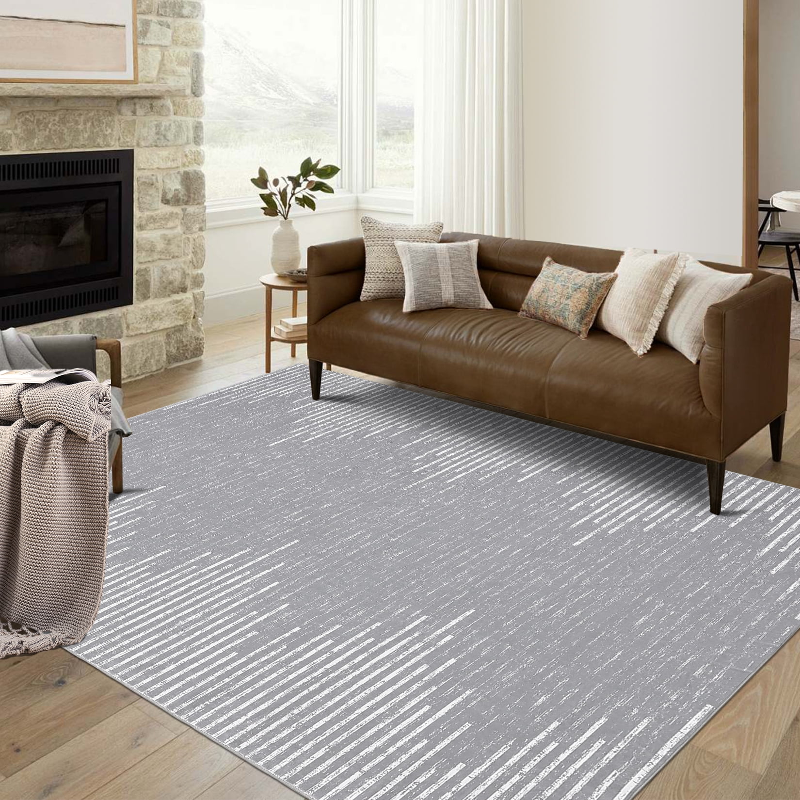 GlowSol 5' x 7' Washable Rug Geometric Striped Area Rug Soft Non Slip Low Pile Stain Resistant Carpet for Living Room Bedroom, Gray