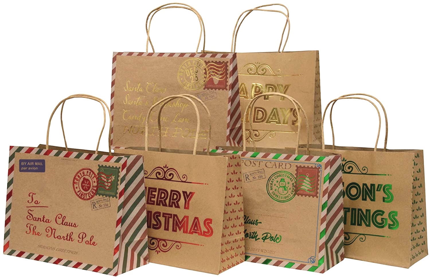 Christmas Medium Vogue Kraft with Foil Gift Bags, Santa Mail Series, 12 Pack