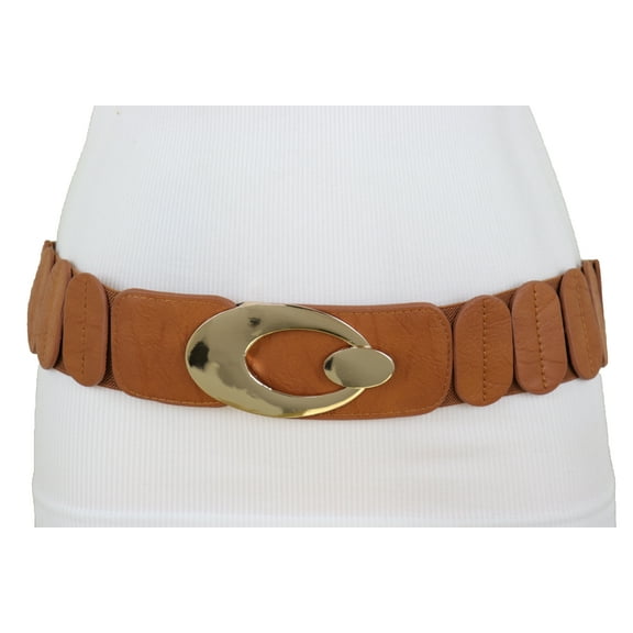 Women Stretch Brown Faux Leather Belt Gold Metal Oval Buckle S M