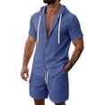 thumbnail image 2 of Two Piece Summer Button Front Set for Men Short Sleeve Hooded Top and Elastic Waist Shorts Outdoor Plans Relaxed Travel Vacation Blue S, 2 of 5