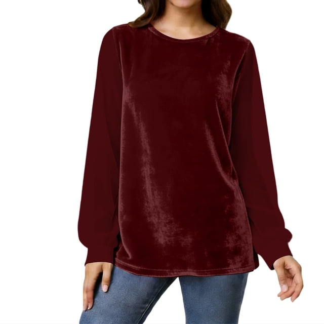 Haut en Velours pour Femmes Col Rond Blouse à Manches Longues en Mousseline Patchwork
