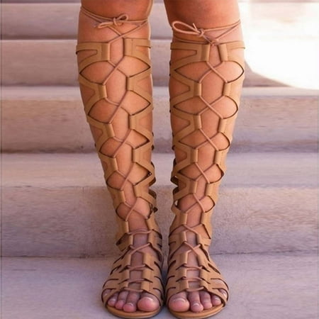 

Knee High Boots for Women Lace Up Hollow Flat Sandals Vintage Zip Roman Gladiator Boot Dressy Summer Open Toe Sandal