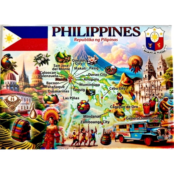 Philippines Graphic Map and Attractions Souvenir Fridge Magnet 2.5" X 3.5"