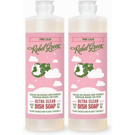Rebel Green Super Deluxe Dish Soap - Natural Dishwashing Soap - Liquid Dish Detergent - Sustainable Dish Liquid Scented with Pink Lilac - (16 oz Bottles, 2 Pack)