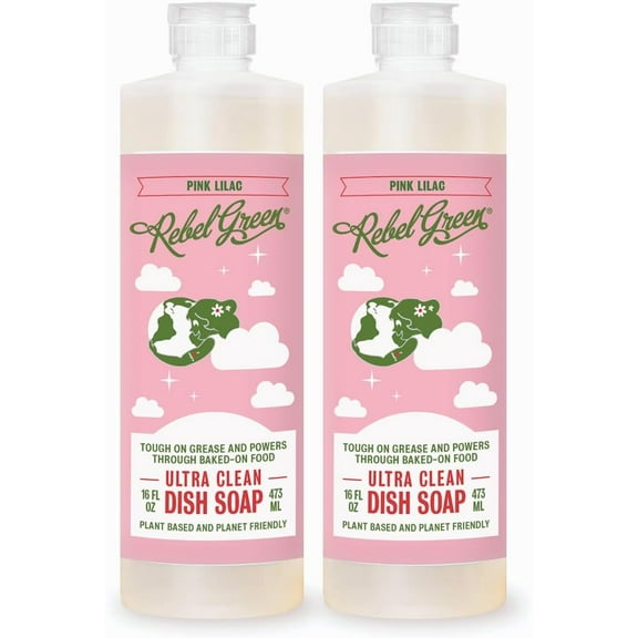 Rebel Green Super Deluxe Dish Soap - Natural Dishwashing Soap - Liquid Dish Detergent - Sustainable Dish Liquid Scented with Pink Lilac - (16 oz Bottles, 2 Pack)