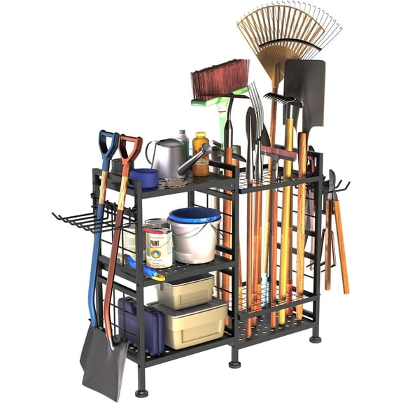 6 Tier Garden Tool Organizer, Garage Storage and Organization, Metal Yard Tools Storage Rack, Heavy Duty Garden Tool Organizer for Garage, Yard, Patio, Shed, Indoors and Outdoors, Black