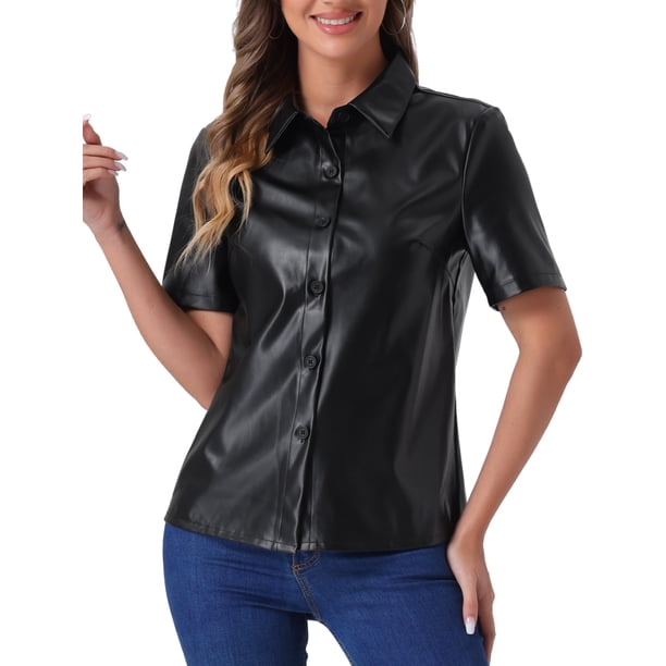 CAMISA DE CUERO PU INSPIRE CHIC CON BOTONES PARA MUJERES, BLUSA DE MANGA CORTA CON COLLAR, CHAQUETA, TOP DE FIESTA Y CLUB, TAMAÑO M NEGRO