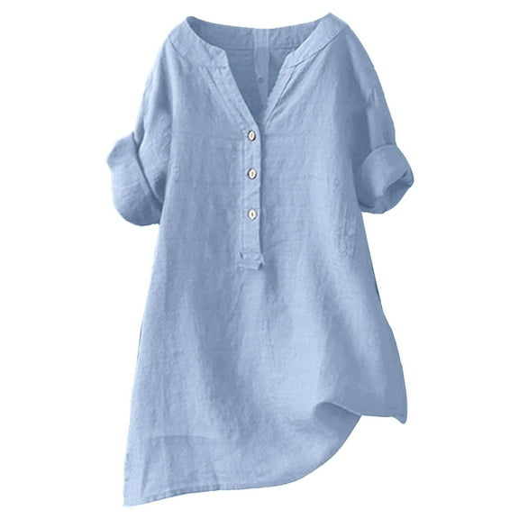 Summer Plus Size Tops for Women V Neck 3/4 Roll Sleeve Casual Button Cotton And Linen Tunic Shirts Solid Color Loose Blouses Blue 4XL