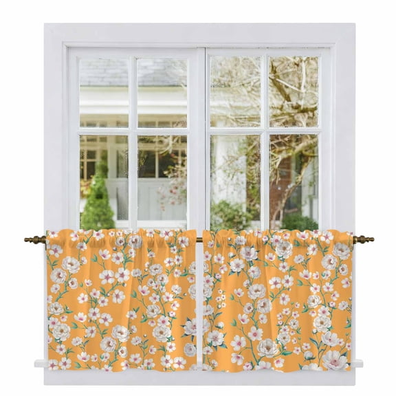Spring Botanical Tier Curtains 36 Inch Length, Watercolor Floral Flowers Botanical Yellow Cafe Short Curtains for Bathroom Over Sink, Small Kitchen Curtain Light Filtering Drapes 2 Panels 27.5"Wx36"L