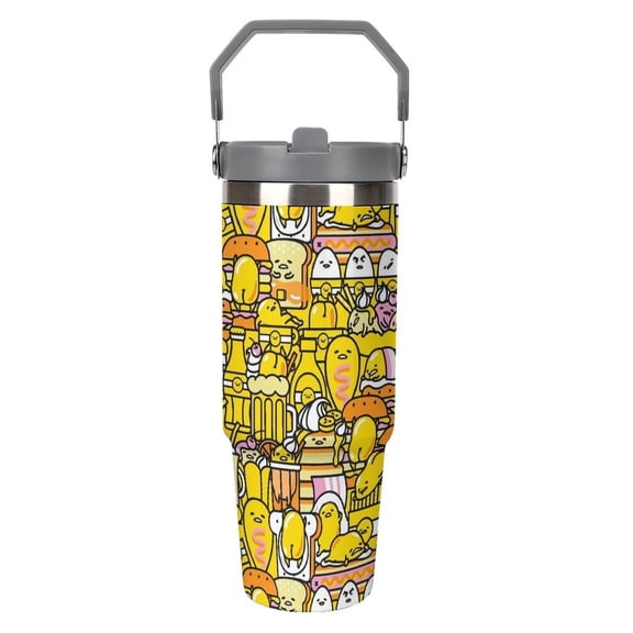 Gudetama Double-walled Insulated Mug with Handle, Straw, and Leak-proof Stainless Steel Travel Coffee Mug 30oz