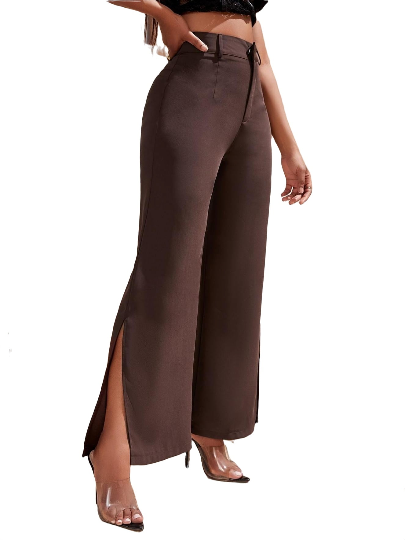 Elegant Plain Wide Leg Chocolate Brown Women's Pants (Women's