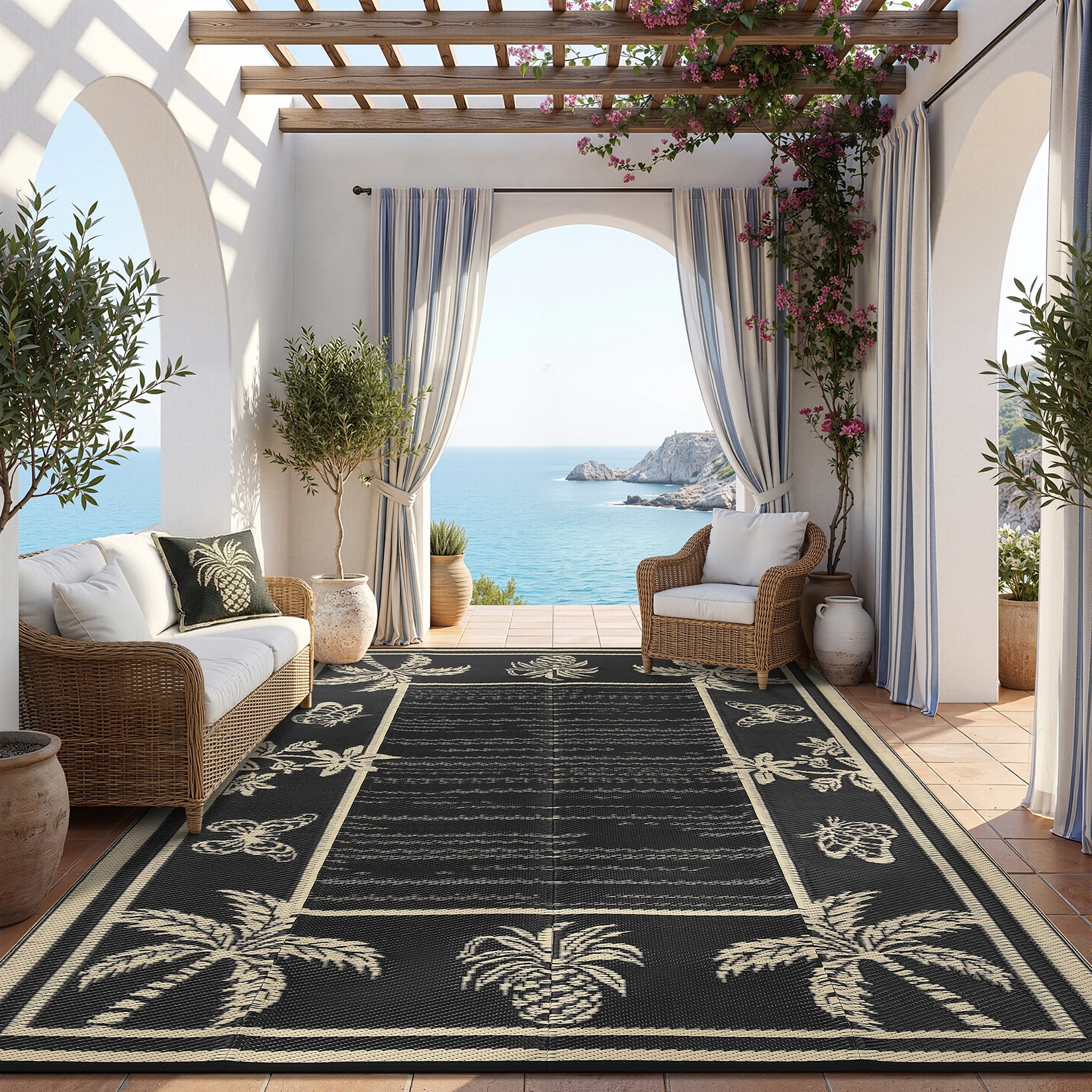 FairOnly 9'x12'Modern Tropical Floral Outdoor Rug Waterproof Reversible & Portable for Patio Poolside & Beach RV,Black Coffee