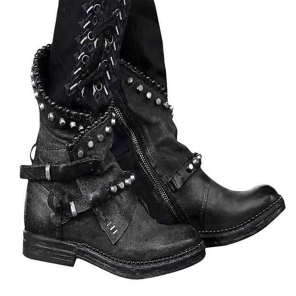 Botas de media pantorrilla con tachuelas punk para mujer, botines de combate de motociclista, zapatos de tacón plano