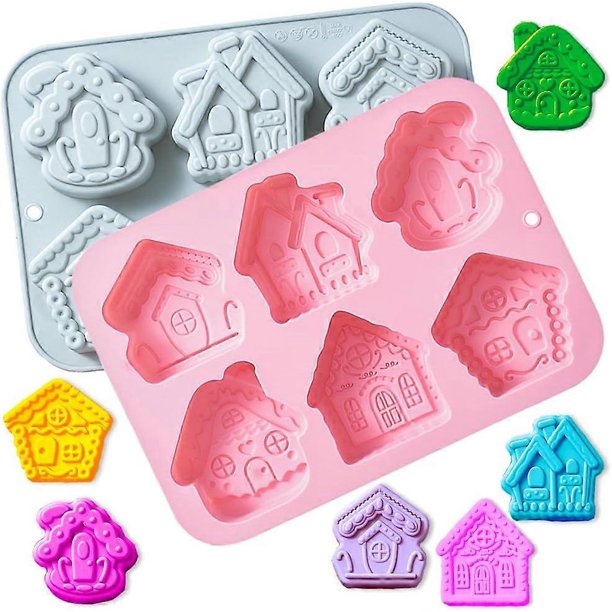 Moldes para tartas de casitas de jengibre (2 unidades), moldes para hornear de casitas de jengibre navideñas, molde de silicona de 6 cavidades, molde de casitas de jengibre en forma de cubo