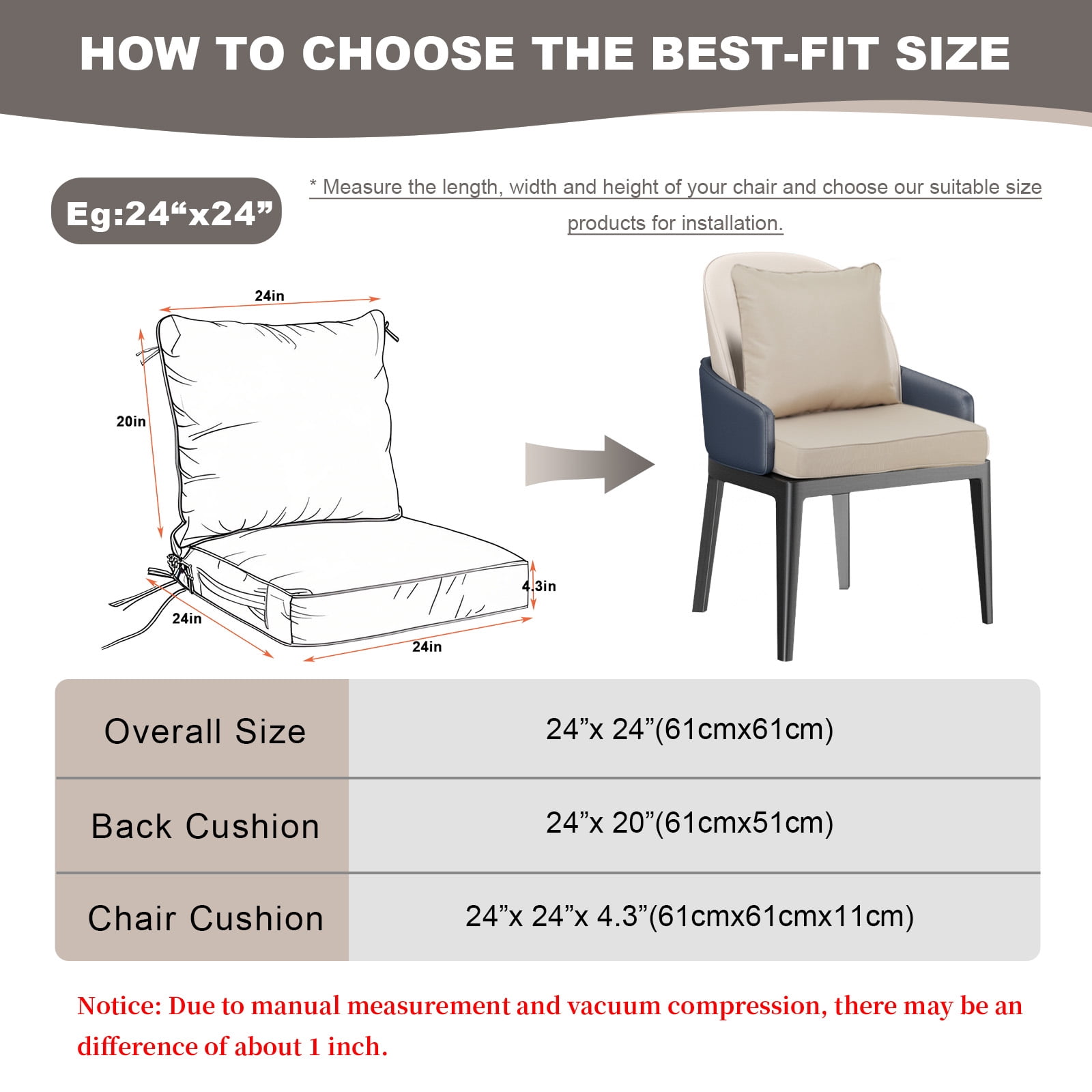 24 x 24 Inch Outdoor Deep Seat Cushion Set - Waterproof Fade-Resistant Patio Furniture Cushions with Removable Covers, Adjustable Straps & Handles for Chairs, Sofa, Couch (2-Piece)