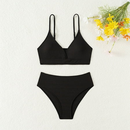 ylioge Swimsuits for Girls Two Piece Bikini Tops and Thongs Bathing Suits Teen Solid Color Beach Swimwear 8Years-15Years Kids on Clearance