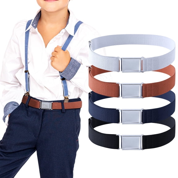 AWAYTR 4 Pack Kids Elastic Stretch Belts, Adjustable Magnetic Buckle Waist Belts for Boys Girls Uniform Jeans Easy Use