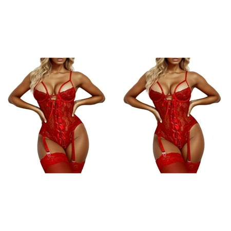 Wijhcboe 2 Pack Women Valentines Day Lingerie Fashion Lace Up Front Valentine s Day Lingerie for Women Floral Lace Garter Teddy Lingerie for Women Bodysuit Red Lace Sexy Lingerie plus Size