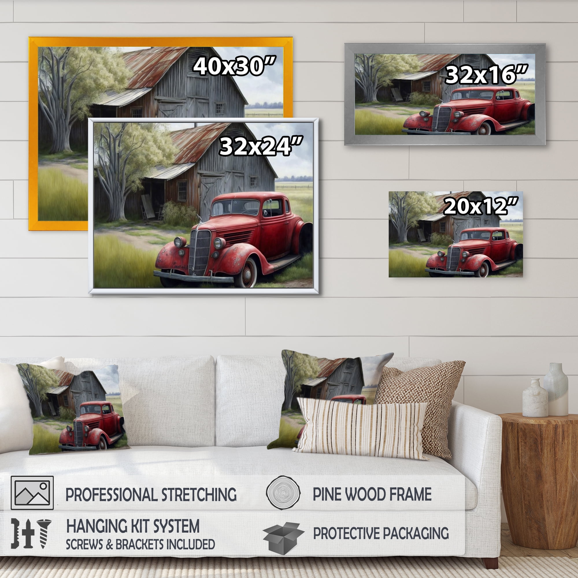 Designart Red Car By Barn Canvas Wall Art