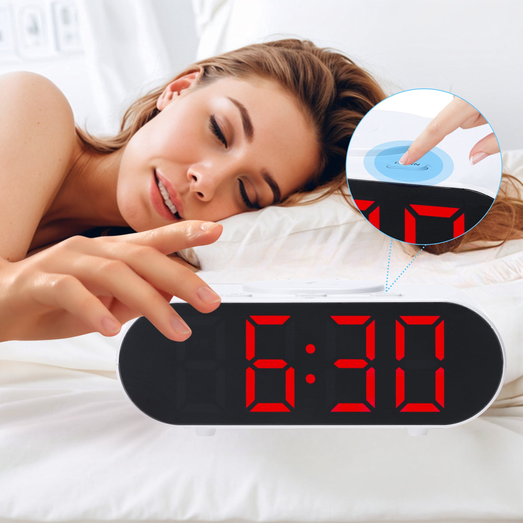 REGALWOVEN Oval Alarm Clock with Nightlight, Dimmable, 12/24H,USB Port, Wireless Charging, Decorate for Bedroom 7.1 x 3.1 x 2.4 inch Red