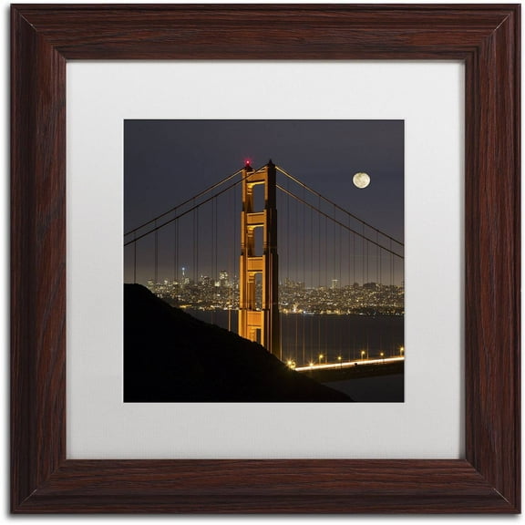 Trademark Fine Art "Golden Gate and Moon" Canvas Art by Moises Levy White Matte, Wood Frame