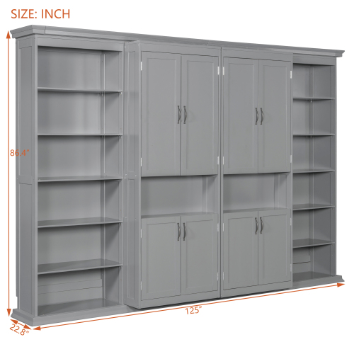 Full-Size Murphy Bed with 2 Sliding Cabinets and 12 Open Shelves, Hydraulic Hidden Wall Bed System, Space-Saving Design for Modern Homes, Gray