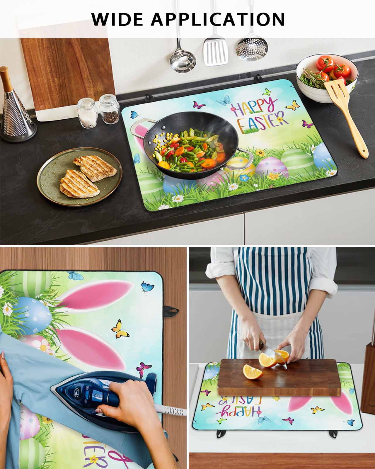 Large Induction Cooktop Protector Mat Easter Stove Top Covers for Electric Stove, Spring Easter Eggs Bunny Butterflies Green Decorative Stove Burner Cover Mats, Glass Top Stove Cover