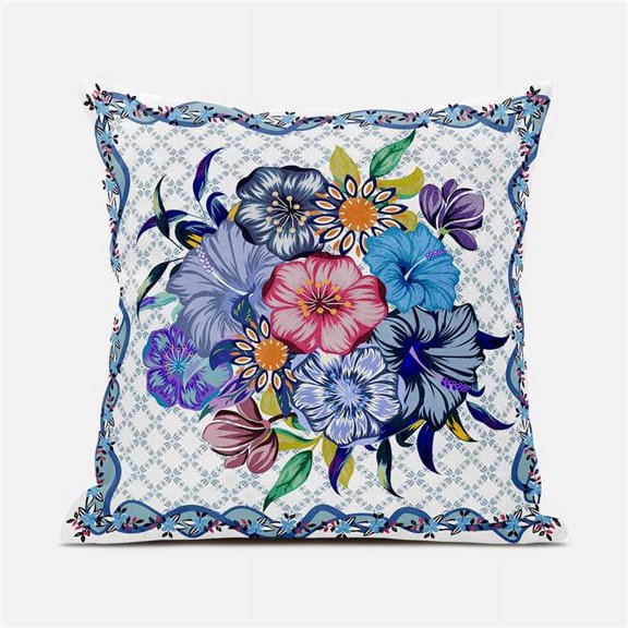 18 x 18 in. Flowers Broadcloth Indoor & Outdoor Zippered Pillow - White & Blue