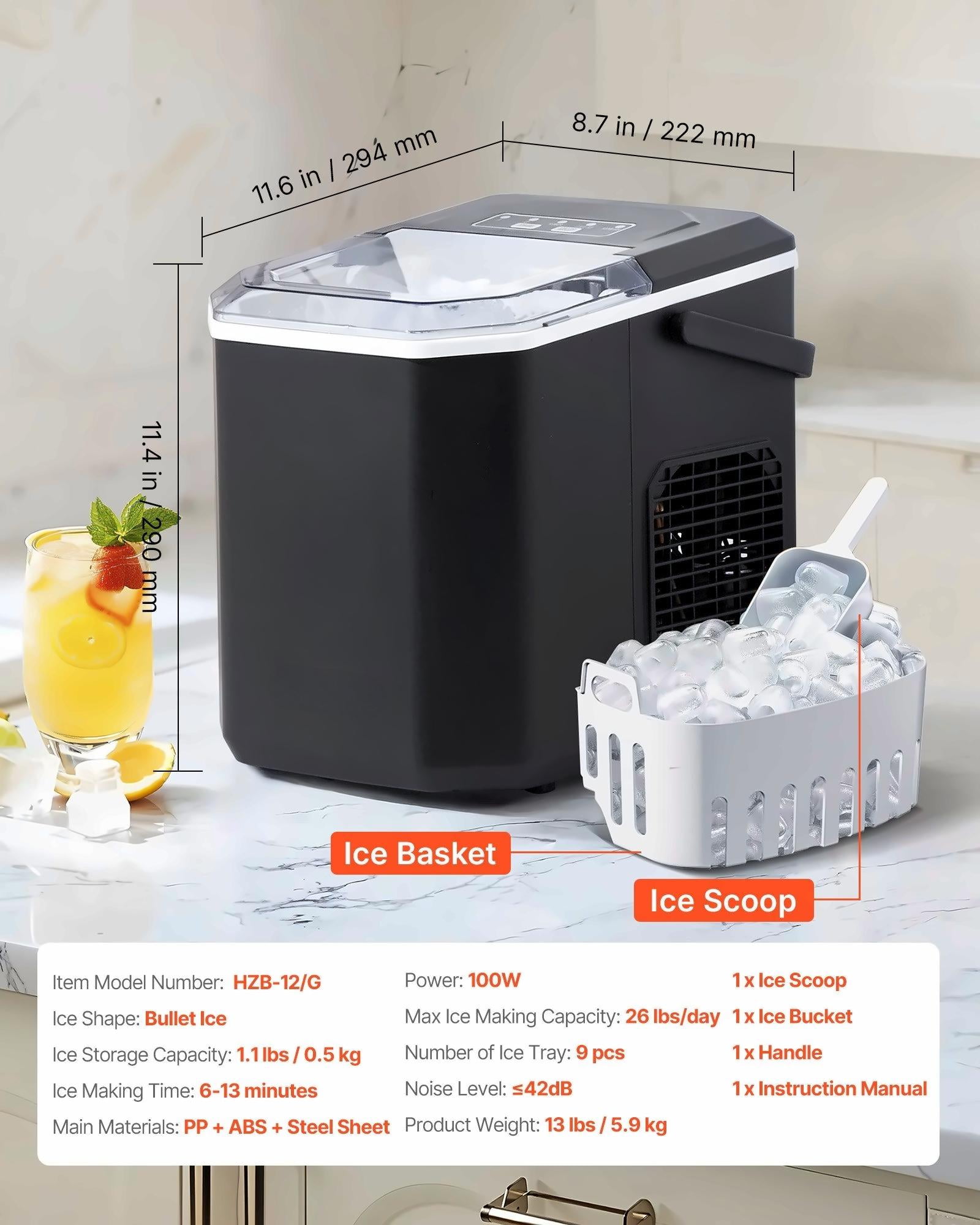 Countertop Ice Maker - 26lbs/24hrs, 6 Mins Fast Ice, Self-Cleaning Portable Ice Machine, 2 Ice Sizes, Bullet Ice Maker for Home, Kitchen, Bar, Party
