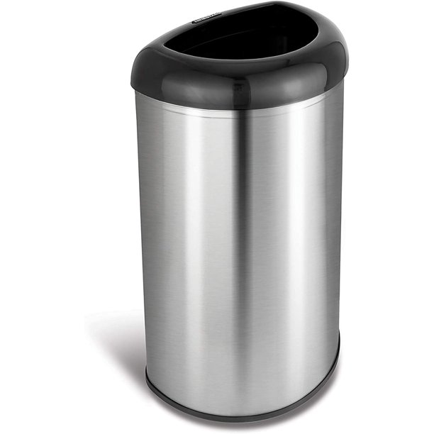 NINESTARS OTT5019BK Open Top Office Bathroom Trash Can, 13 Gal 50L, Stainless Steel Base (D