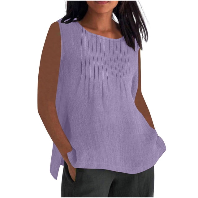 Vestidos Casuales Para Mujer, Blusas De Mujer De Moda Blusa holgada de verano para mujer, de imitación de lino, sin mangas, plisada y con cuello redondo