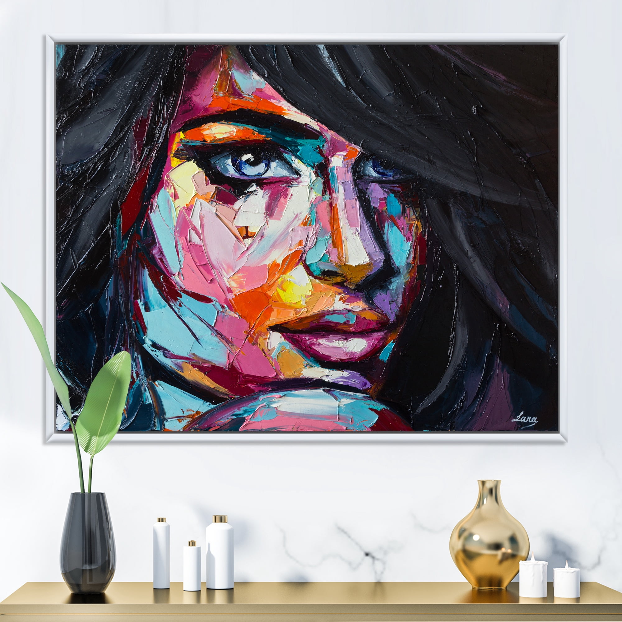 Designart 'Abstract Colorful Fantasy Portrait Of A Young Woman II' Modern Framed Canvas Wall Art Print