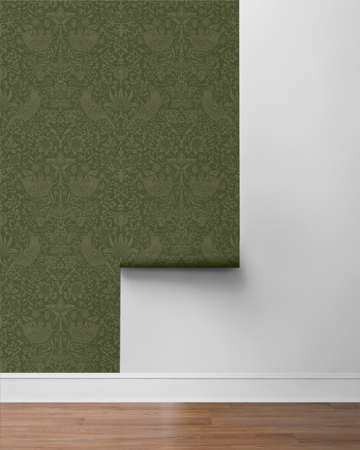 NextWall Moss Green Tonal Bird Garden Peel and Stick Wallpaper
