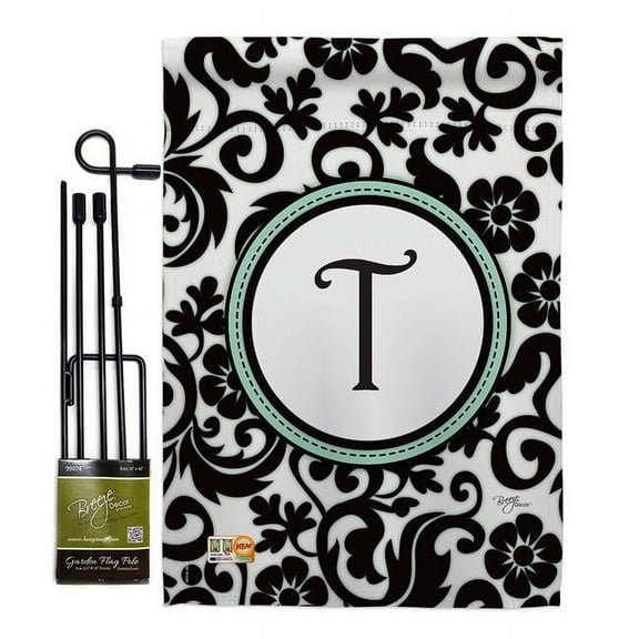 Breeze Decor BD-SB-GS-130072-IP-BO-D-US09-BD 13 x 18.5 in. Damask T Initial Interests Simply Beauty Impressions Decorative Vertical Double Sided Garden Flag Set with Banner Pole
