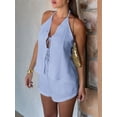 thumbnail image 6 of Women'S Summer Solid Loose Fit Sexy- Backless Halter Tie Front Tops and High Waisted Shorts 2 Piece Blue XL, 6 of 9
