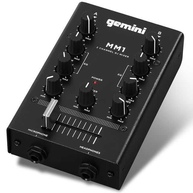 Mezclador de DJ portátil Gemini MM1 de 2 canales con conectores RCA y micrófono