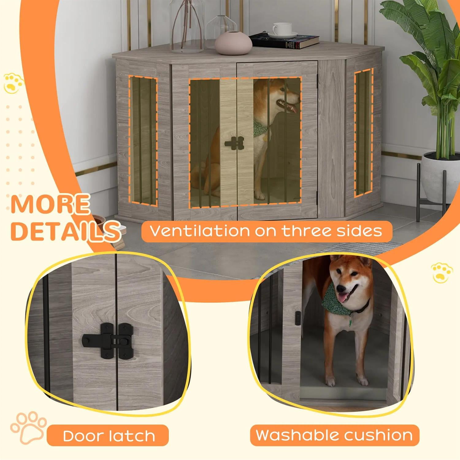 Pefilos 41" Corner Dog Crate Furniture with Cushion, Wooden Kennel Table, Indoor Dog House for Medium Dogs, Gray