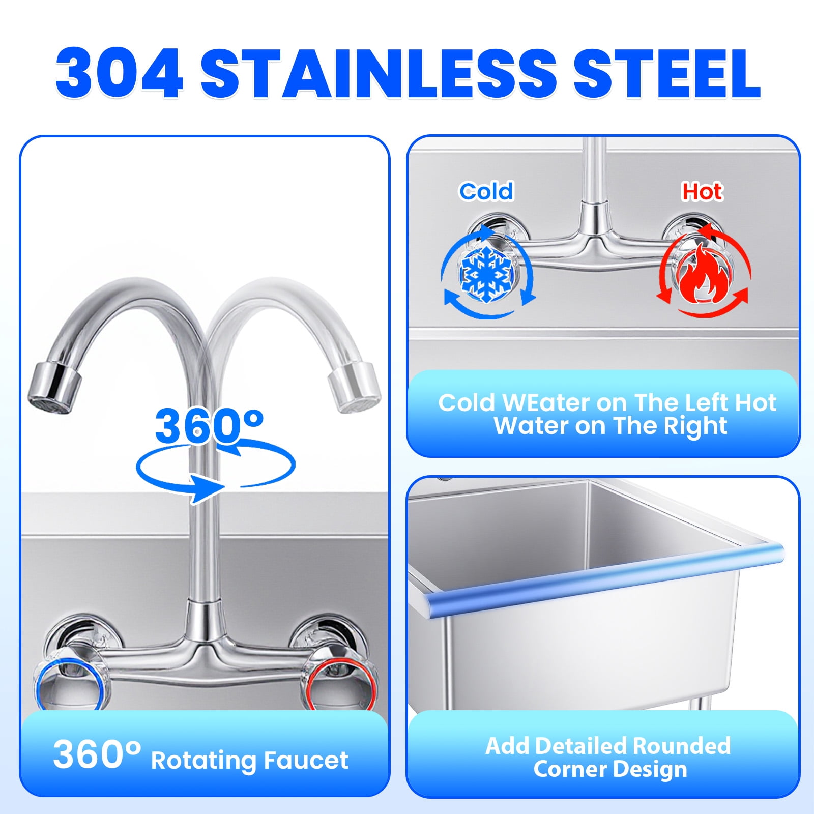 Muweixin 27" 304 Stainless Steel Freestanding Utility Sink with Backsplash, Deep Single Bowl Commercial Sink for Kitchen Restaurant Outdoor