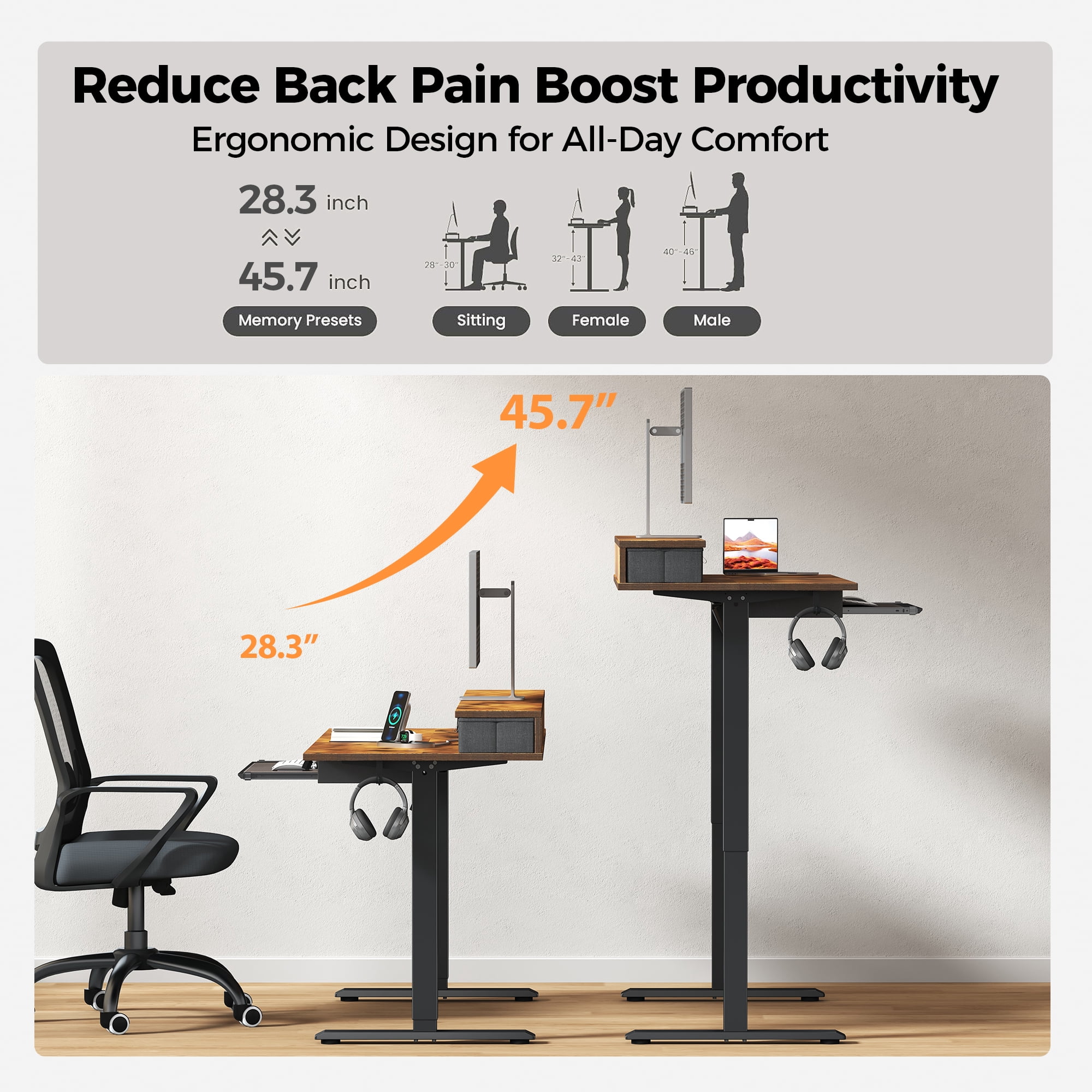 47.2 Inch Electric Standing Desk with 2 Drawers & Keyboard Tray, Adjustable Home Office Desk Ergonomic Sit to Stand Computer Desk with Hooks for Gaming & Work,Light Rustic Brown