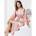 thumbnail image 2 of PRODESIGN Satin Kimono Robe Long Silky Bathrobe with Ostrich Feather Trim Sleepwear Wedding Bridesmaid Dressing Gown, 2 of 6